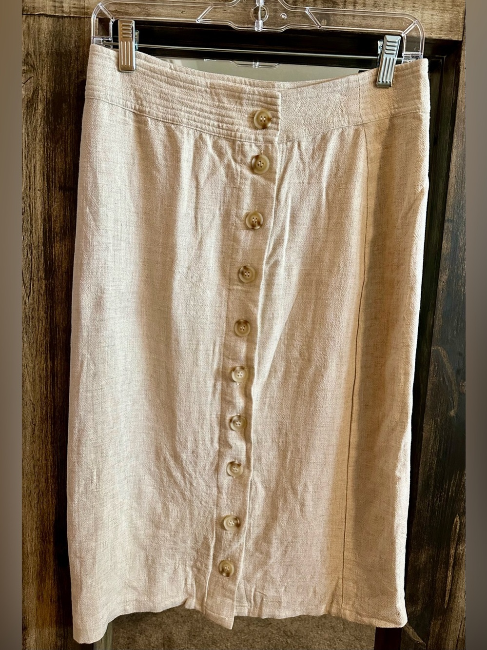 Antoinette Beige Linen Blend Button Front Midi Skirt M Neutral Coastal Grandma